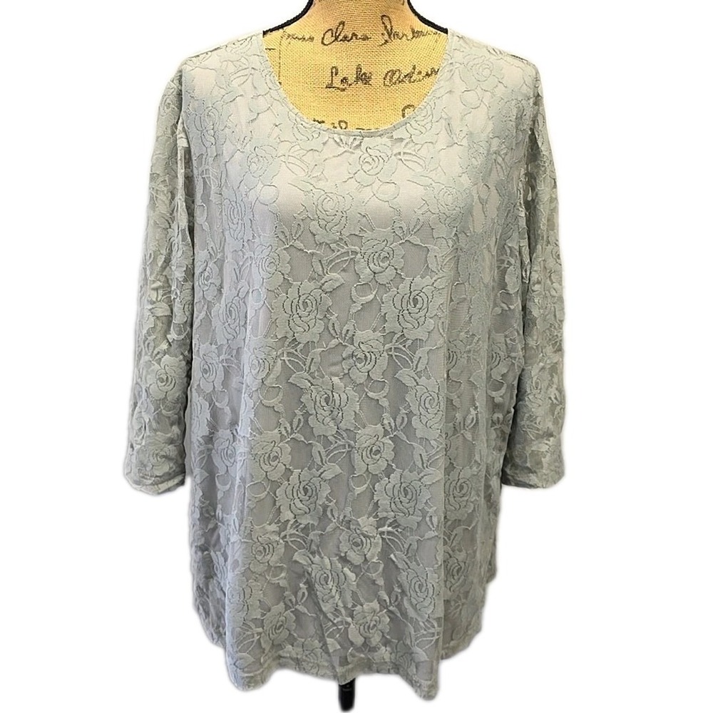 Bedford Fair Gray Lace Top 2X Romantic Cottagecore Sheer Overlay 3/4 Sleeve